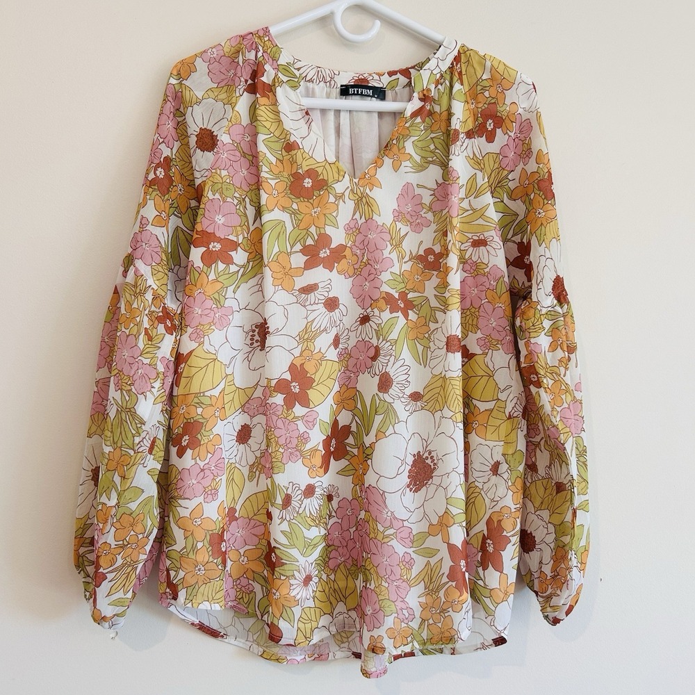 Floral Top Womens Sz M Sheer Lined Boho Colorful Cottoge Balloon Sleeve Flowy